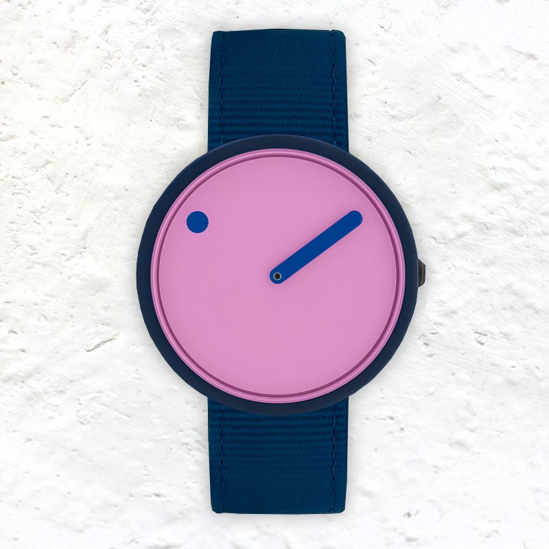 Picto watch - pink reef dial, navy strap made from recycled fishing nets