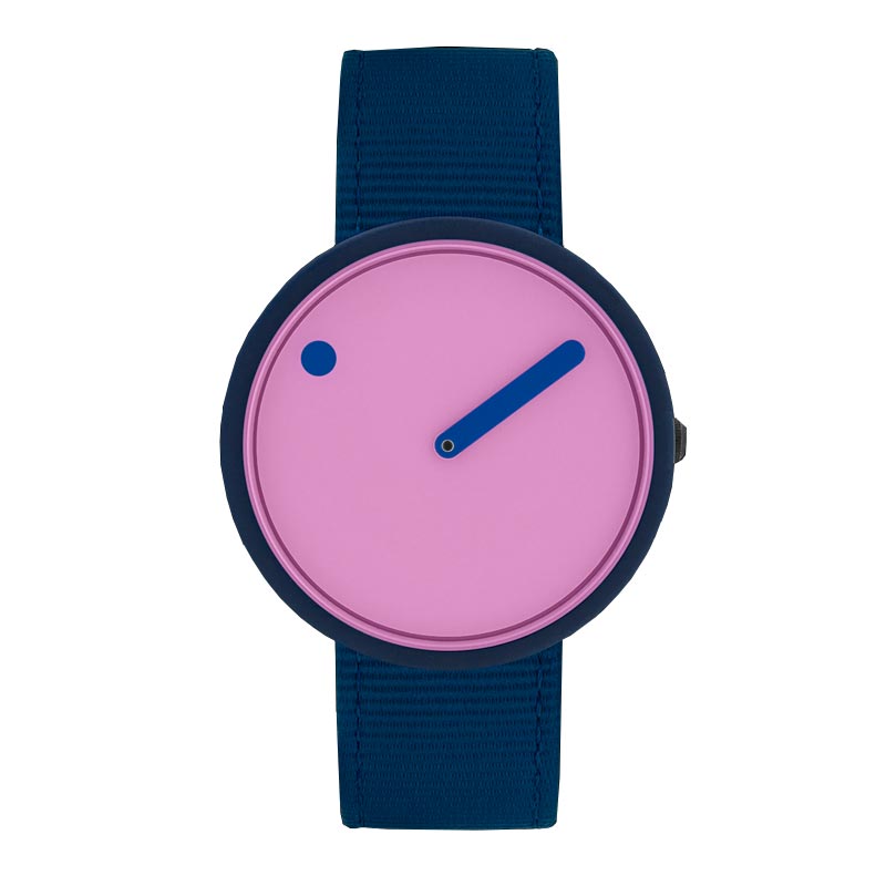 Picto watch - pink reef dial, navy strap made from recycled fishing nets