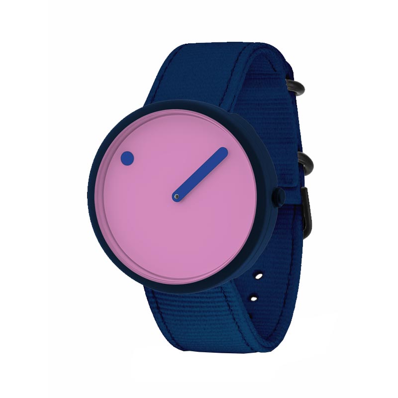 Picto watch - pink reef dial, navy strap made from recycled fishing nets