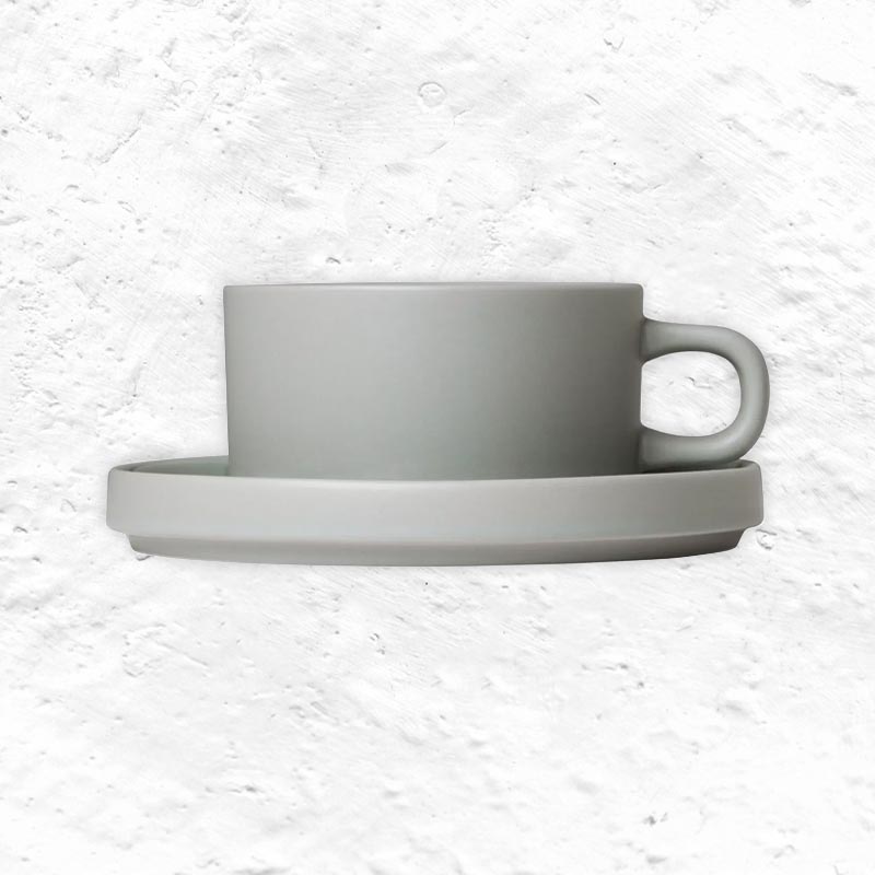 Pilar Tea cup & saucers - pair in mirage grey - by Blomus
