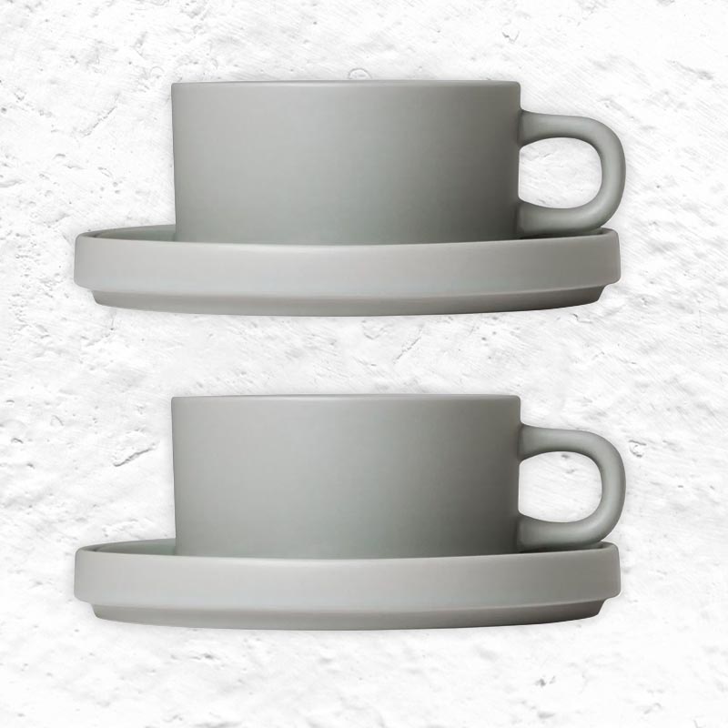 Pilar Tea cup & saucers - pair in mirage grey - by Blomus