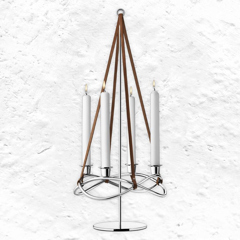 Season Candleholder Extension - mirror polished steel and brown leather - des. Maria Berntsen for Georg Jensen