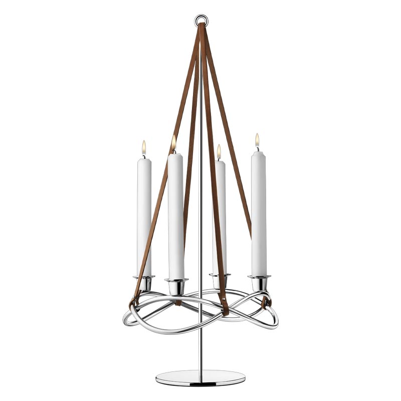 Season Candleholder Extension - mirror polished steel and brown leather - des. Maria Berntsen for Georg Jensen