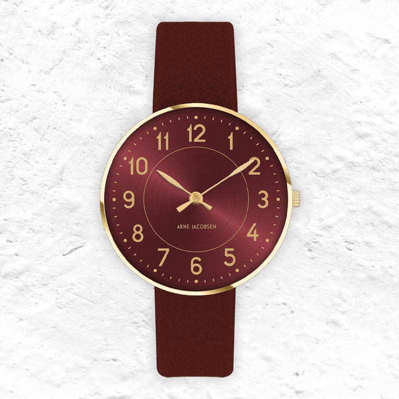 Station Watch, des. Arne Jacobsen - 34mm diameter, burgundy dial / burgundy strap