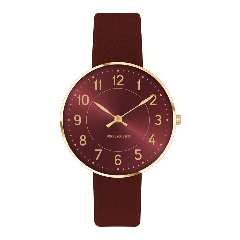 Station Watch, des. Arne Jacobsen - 34mm diameter, burgundy dial / burgundy strap
