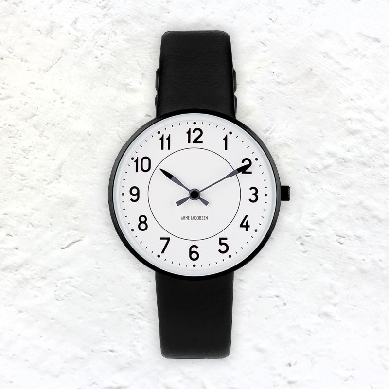 Station watch des. Arne Jacobsen - 34mm diameter, white dial / black strap