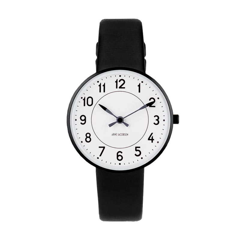 Station watch des. Arne Jacobsen - 34mm diameter, white dial / black strap