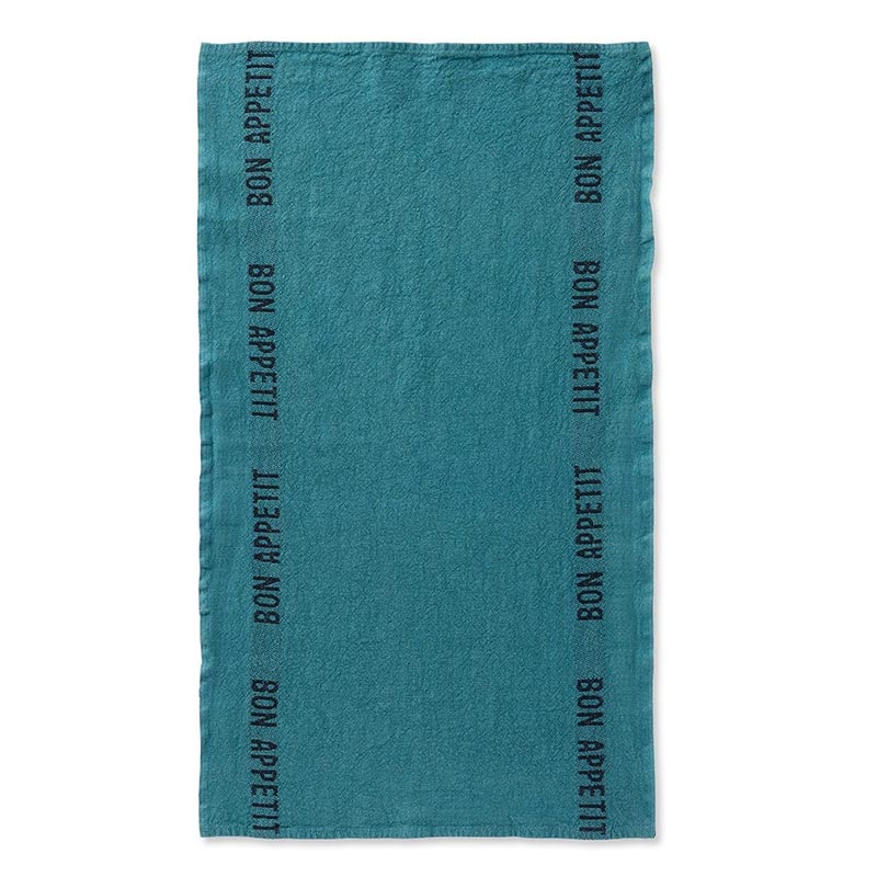 Bon Appetit 100% Linen Tea Towel in Turquoise/Black by Charvet Editions