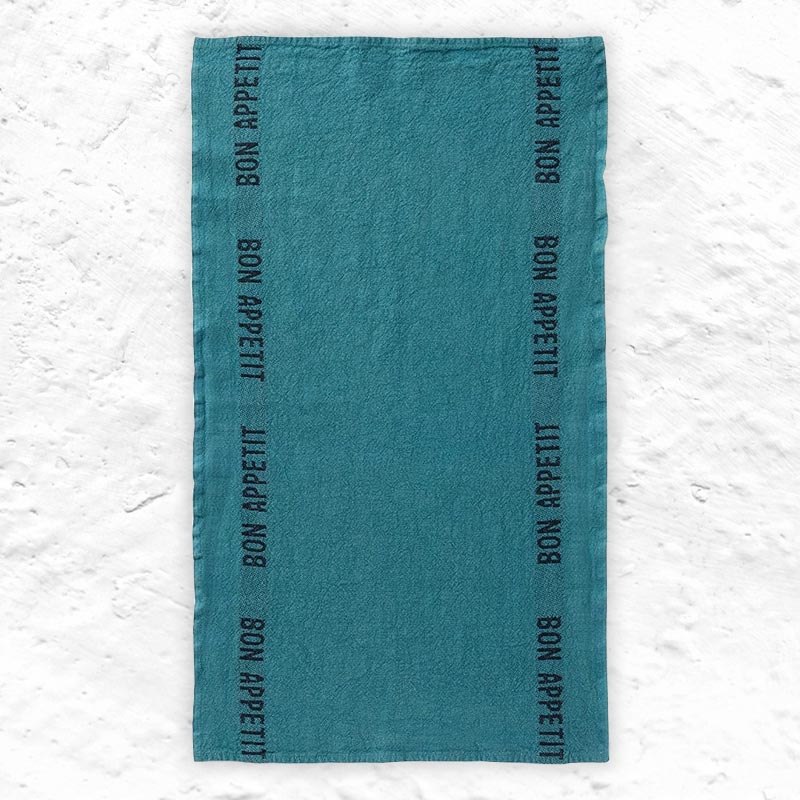 Bon Appetit 100% Linen Tea Towel in Turquoise/Black by Charvet Editions