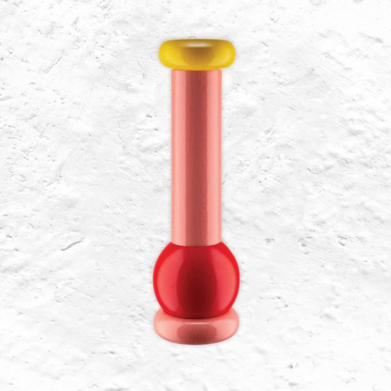 Twergi grinder - pink, red and yellow - des. Ettore Sottsass for Alessi, 1989 (2021 reissue)