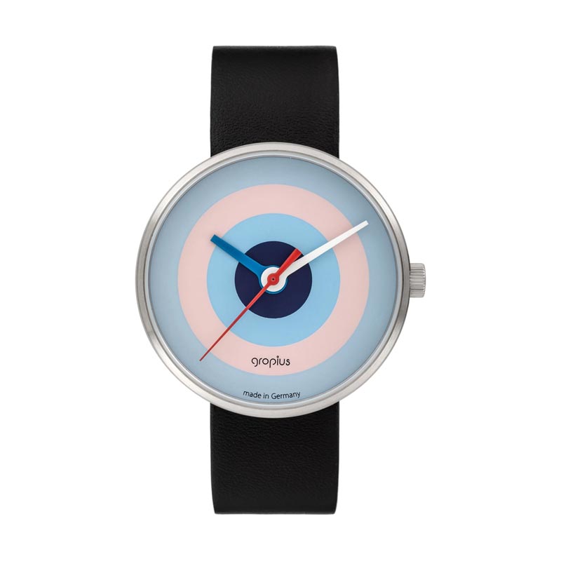 J. Albers Watch, Black Leather Strap, Pink and Blue, by Walter Gropius