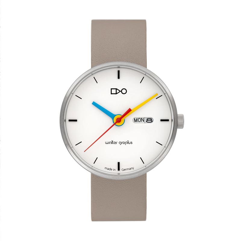 Simplex Watch, Beige Leather Strap, Blue and Yellow Hands, WG007-03, by Walter Gropius