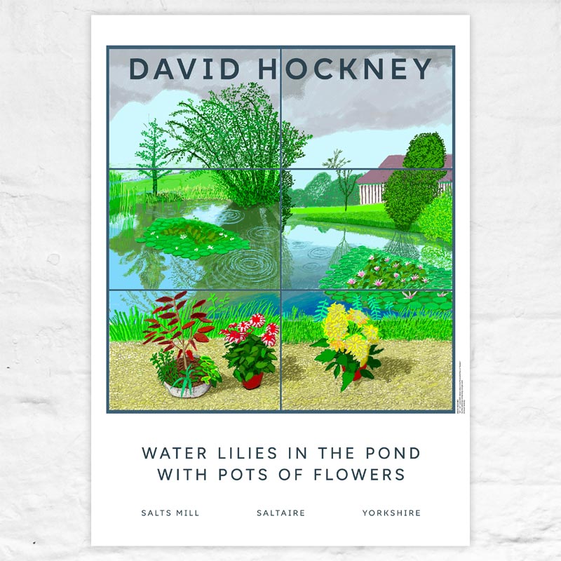 Water Lilies in the Pond with Pots of Flowers poster by David Hockney - white background