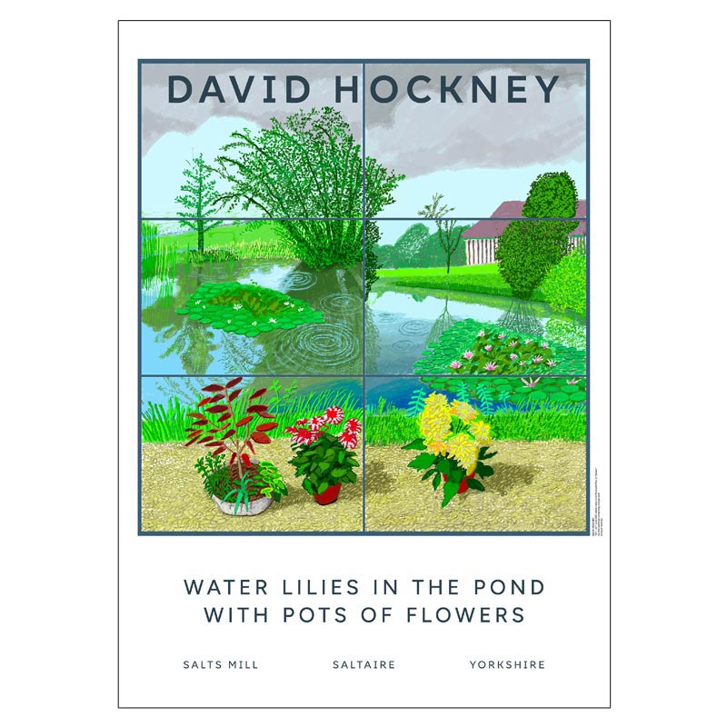 Water Lilies in the Pond with Pots of Flowers poster by David Hockney - white background