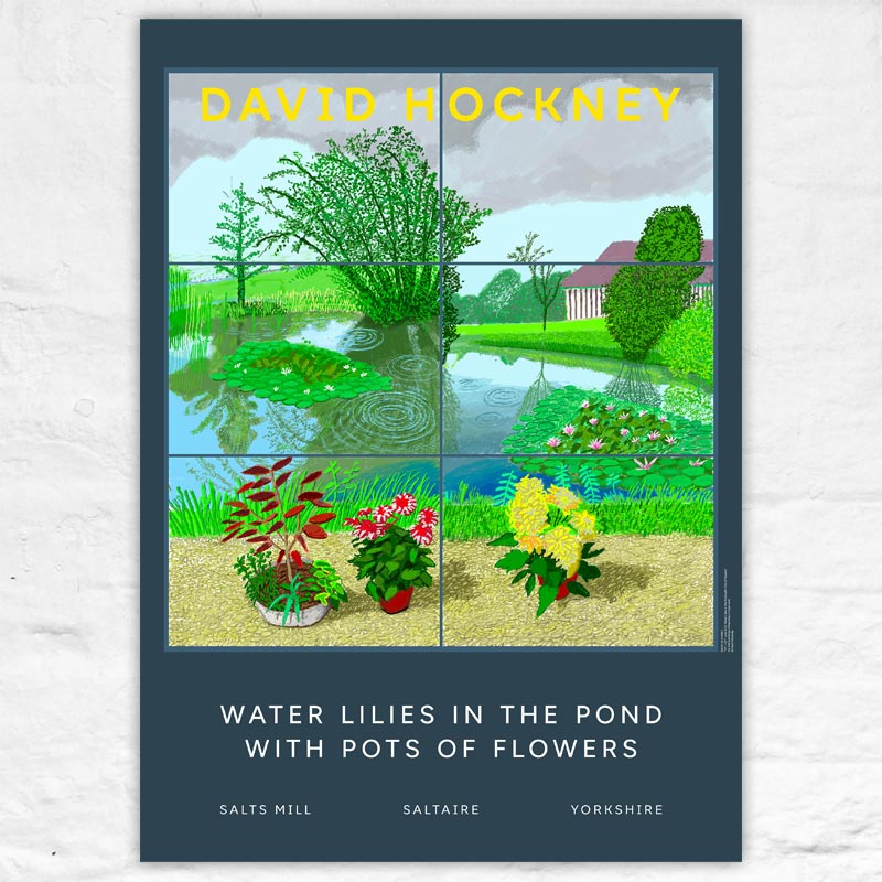 Water Lilies in the Pond with Pots of Flowers poster by David Hockney - dark blue background
