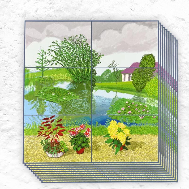 Water Lilies in the Pond with Pots of Flowers postcard by David Hockney - pack of 10