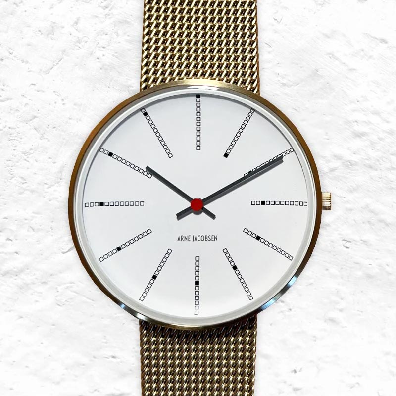 Bankers Watch des. Arne Jacobsen - 40mm diameter, white dial, gold mesh strap