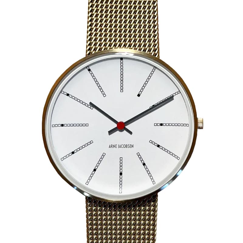Bankers Watch des. Arne Jacobsen - 40mm diameter, white dial, gold mesh strap