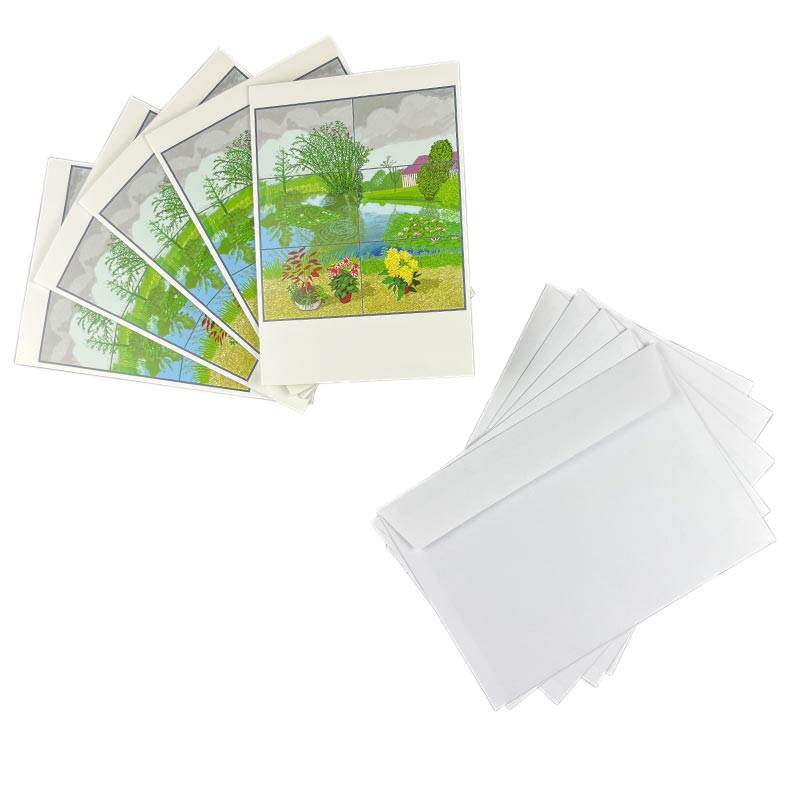 Water Lilies in the Pond with Pots of Flowers Greetings Cards by David Hockney - pack of 5