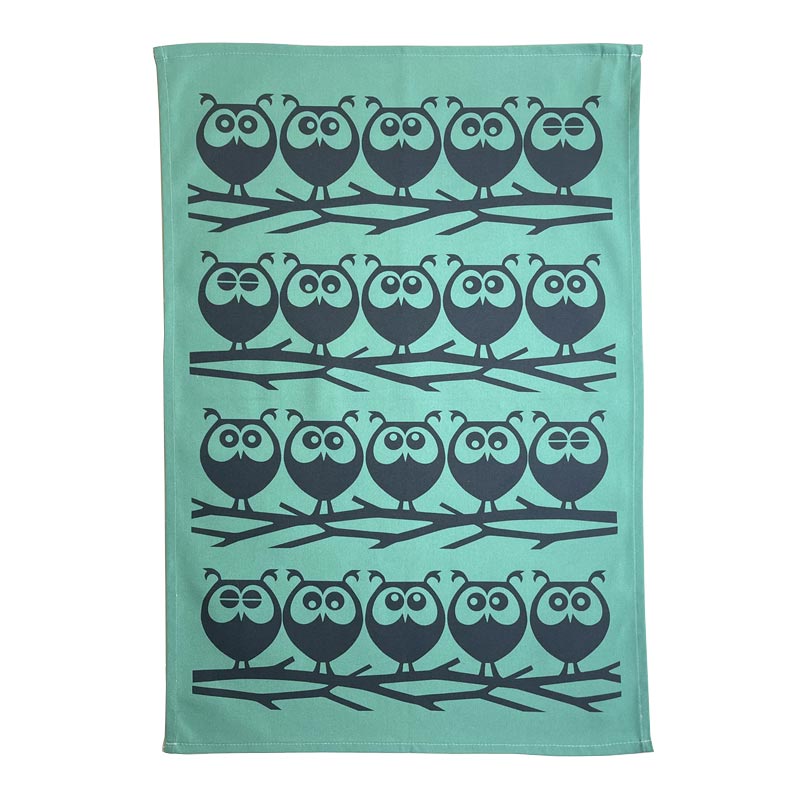 Magpie x Hornsea, Owls on Branch Tea towel in teal