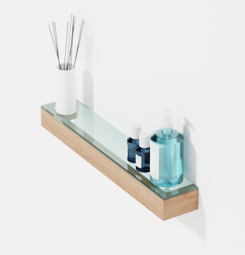 Oak & Glass Shelf des. Lincoln Rivers for Wireworks