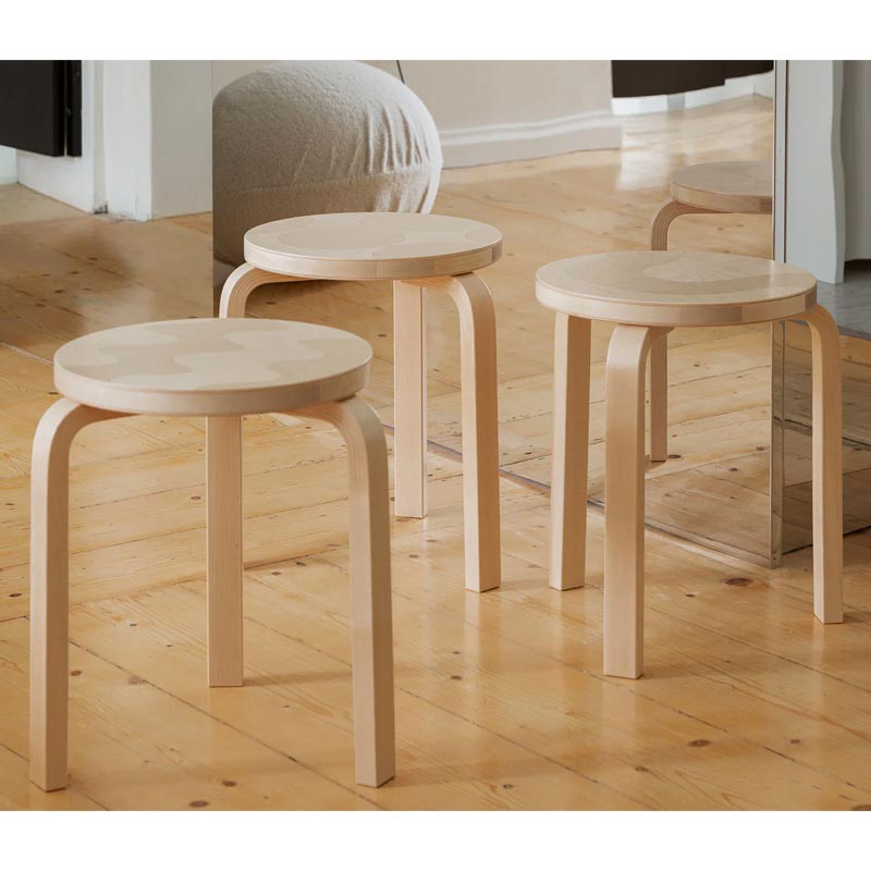 Stool 60 - Lokki - des. Alvar Aalto 1933, Pattern des. Maija Isola, made by Artek + Marimekko