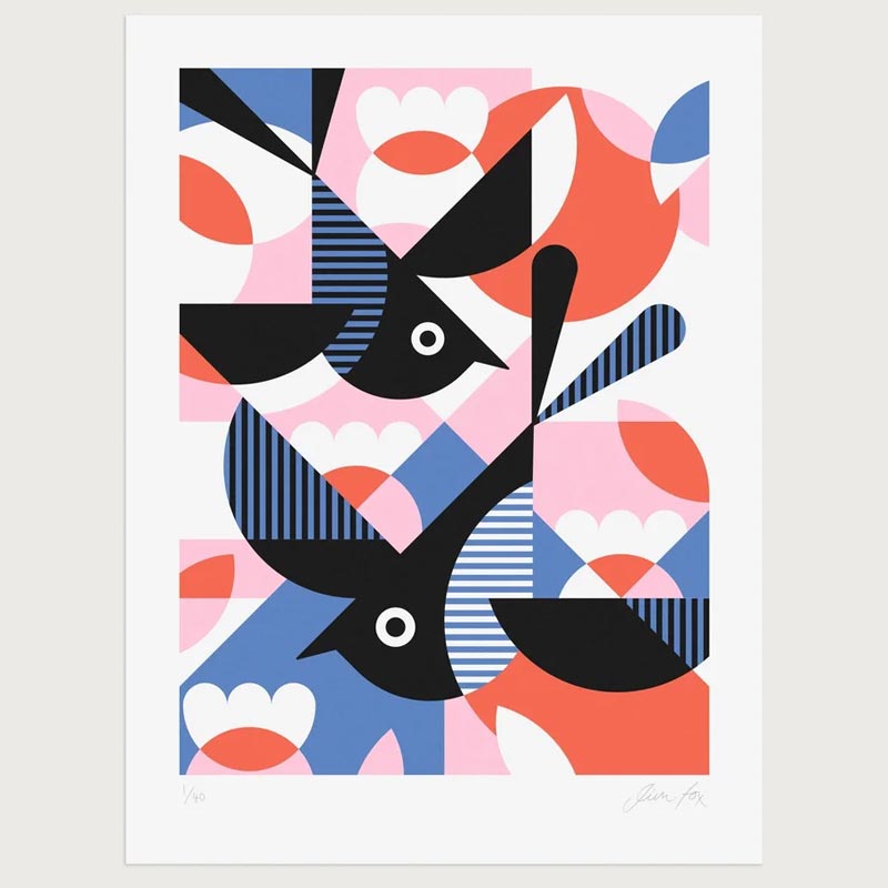 Two Diving Swallows - signed limited edition silkscreen print by Jim Fox