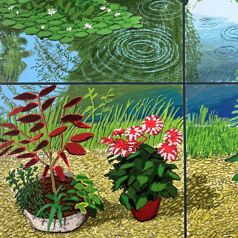 Water Lilies in the Pond with Pots of Flowers poster by David Hockney - dark blue background