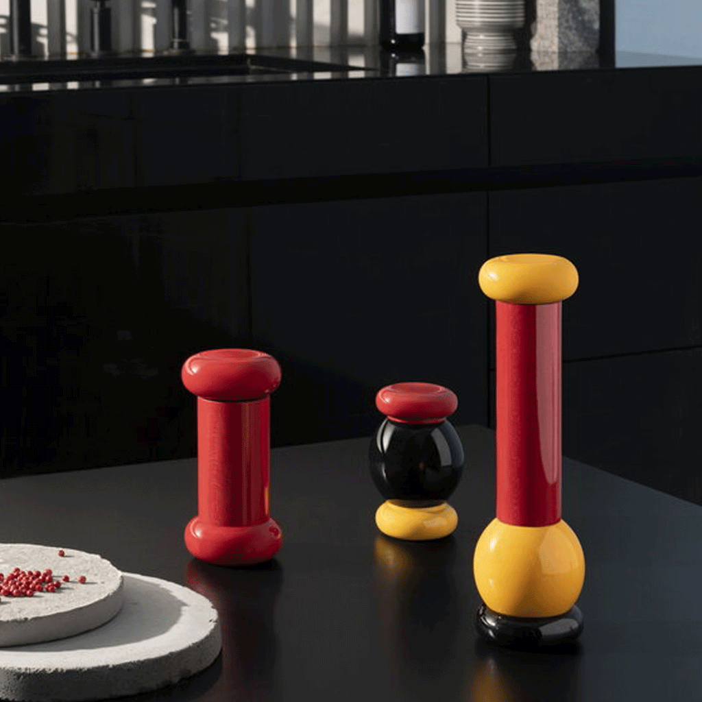 Twergi grinder - black, yellow & red - des. Ettore Sottsass for Alessi, 1989 (2021 reissue)