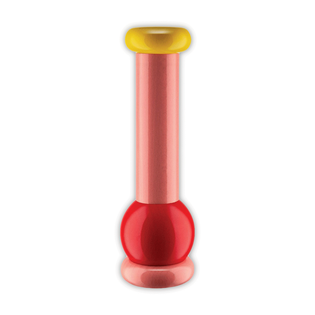 Twergi grinder - pink, red and yellow - des. Ettore Sottsass for Alessi, 1989 (2021 reissue)