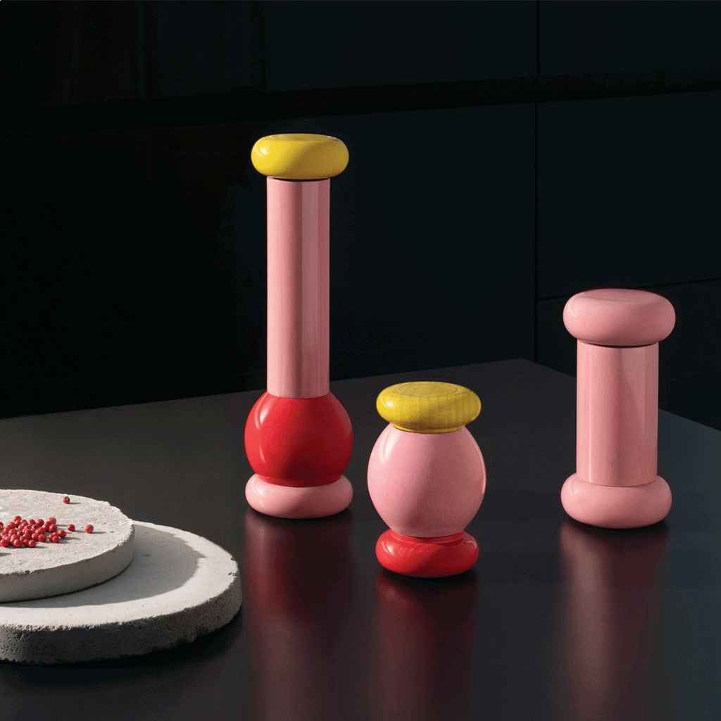 Twergi grinder - pink, red and yellow - des. Ettore Sottsass for Alessi, 1989 (2021 reissue)