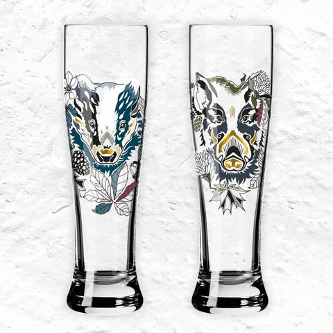 Brauchzeit 'Weizen' (Wheat Beer) Glass Set featuring Wild Boar and Badger Illustration, des. Petra Mohr for Ritzenhoff
