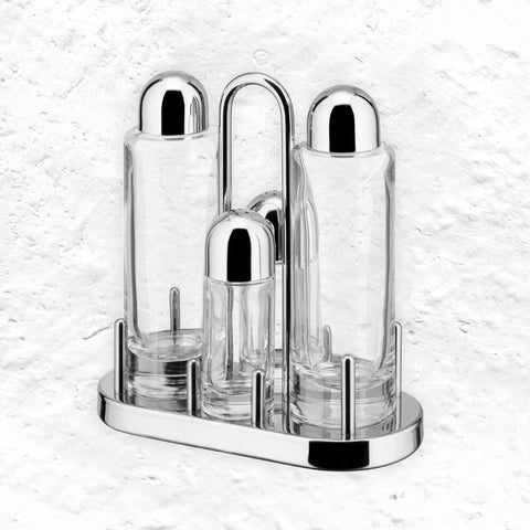 "5070" Condiment set: Oil, Vinegar, Salt & Pepper - des. Ettore Sottsass, Alessi