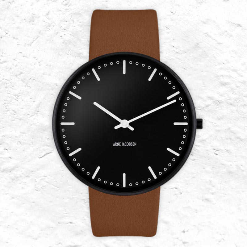 City Hall Watch, des. Arne Jacobsen - 40mm - Black with Brown Pampass Leather Strap