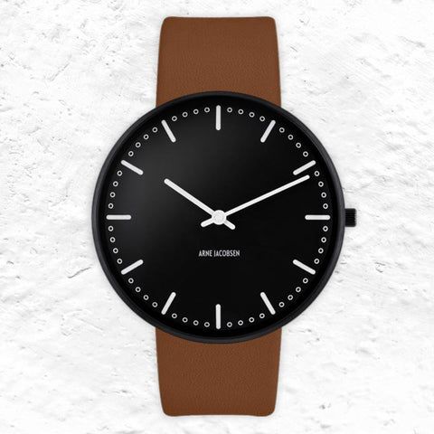 City Hall Watch, des. Arne Jacobsen - 40mm - Black with Brown Pampass Leather Strap