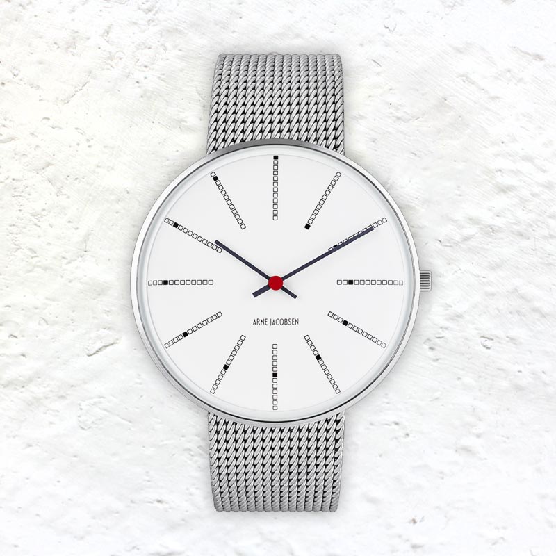 Bankers watch des. Arne Jacobsen 40mm diameter white dial matt steel mesh band Salts Mill Shop