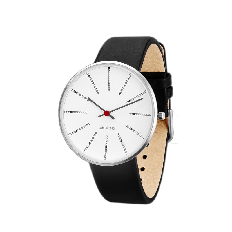 Bankers watch des. Arne Jacobsen 40mm diameter white dial black strap Salts Mill Shop