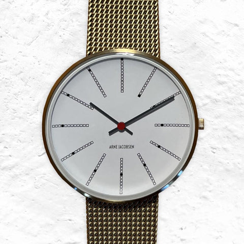 Bankers Watch des. Arne Jacobsen - 40mm diameter, white dial, gold mesh strap