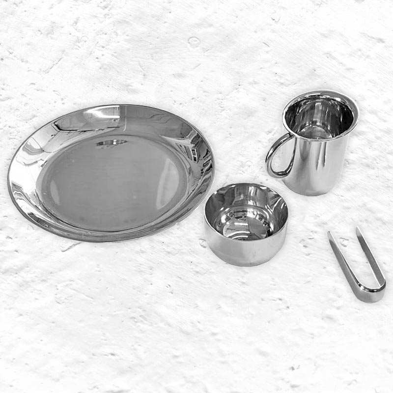 90042 Bauhaus Tea and Coffee Set (consisting of tray, creamer, sugar bowl, tongs), des. Marianne Brandt, part of Alessi's Bauhaus Archiv Series