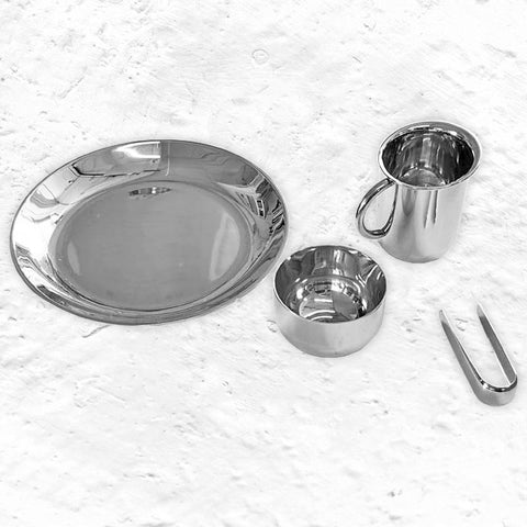 90042 Bauhaus Tea and Coffee Set (consisting of tray, creamer, sugar bowl, tongs), des. Marianne Brandt, part of Alessi's Bauhaus Archiv Series