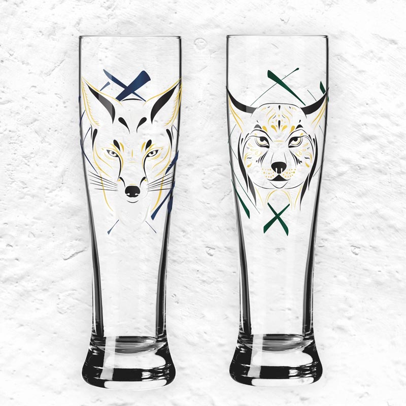 Brauchzeit 'Weizen' (Wheat Beer) Glass Set featuring Fox and Lynx Illustrations, des. Ana Vasconcelos for Ritzenhoff