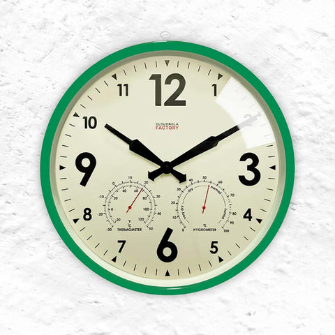 Factory Outdoor Wall Clock - Green - Weather-Ready Station with Hygrometer and Temperature, by Cloudnola