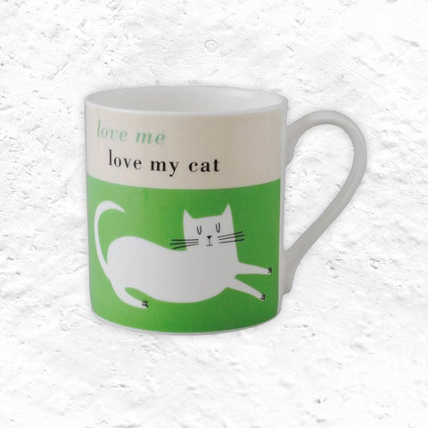 Happiness Mug - White Cat Green - Bone China decorated in Stoke-on-Trent by Repeat Repeat