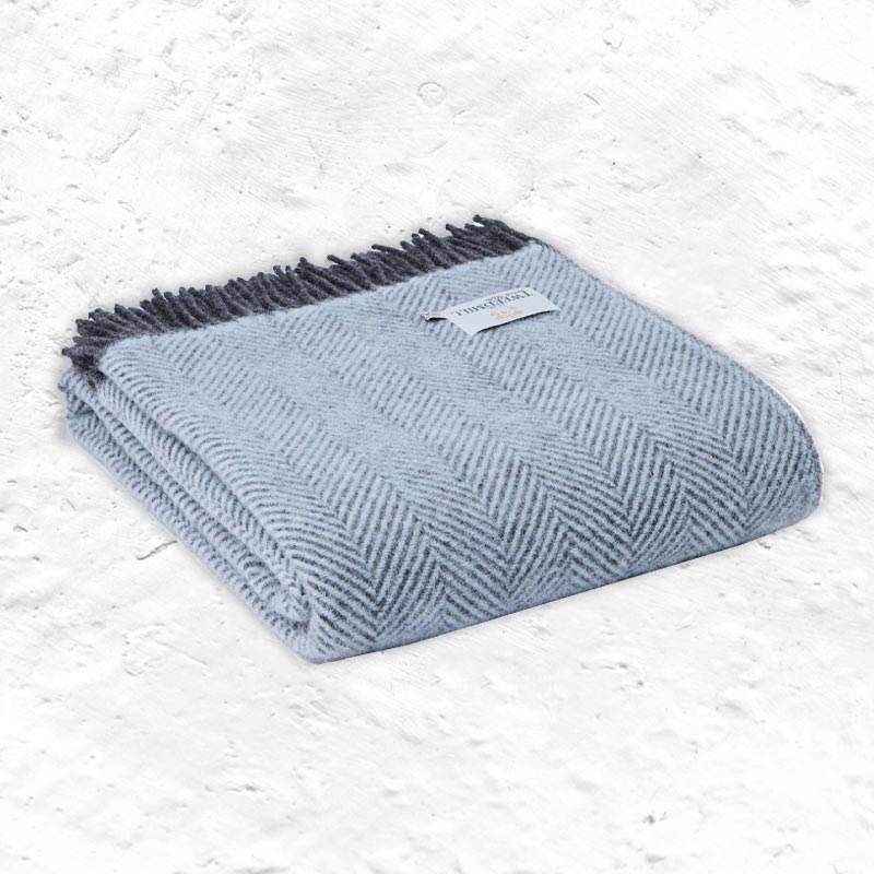 Pure New Wool Throw - Herringbone Powder Blue & Charcoal - by Tweedmill