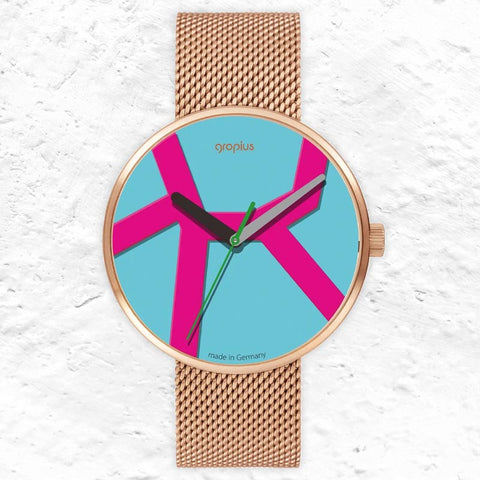 Move Watch - Rose Gold Mesh Band - Blue Pink Dial - by Walter Gropius Watches