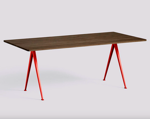 Pyramid 02 Table by Hay - smoked oak top, tomato red legs