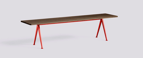 Pyramid 12 Dining Bench by Hay - smoked oak top, tomato red legs