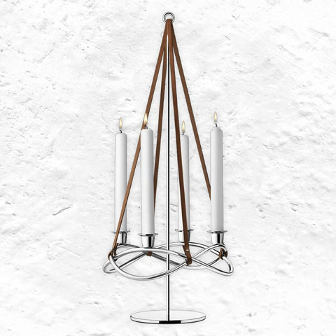 Season Candleholder Extension - mirror polished steel and brown leather - des. Maria Berntsen for Georg Jensen