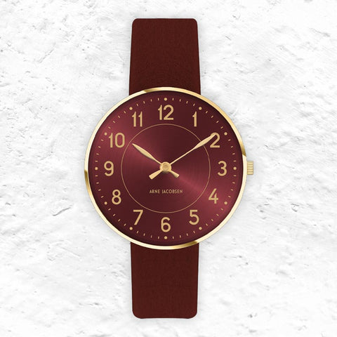 Station Watch, des. Arne Jacobsen - 34mm diameter, burgundy dial / burgundy strap
