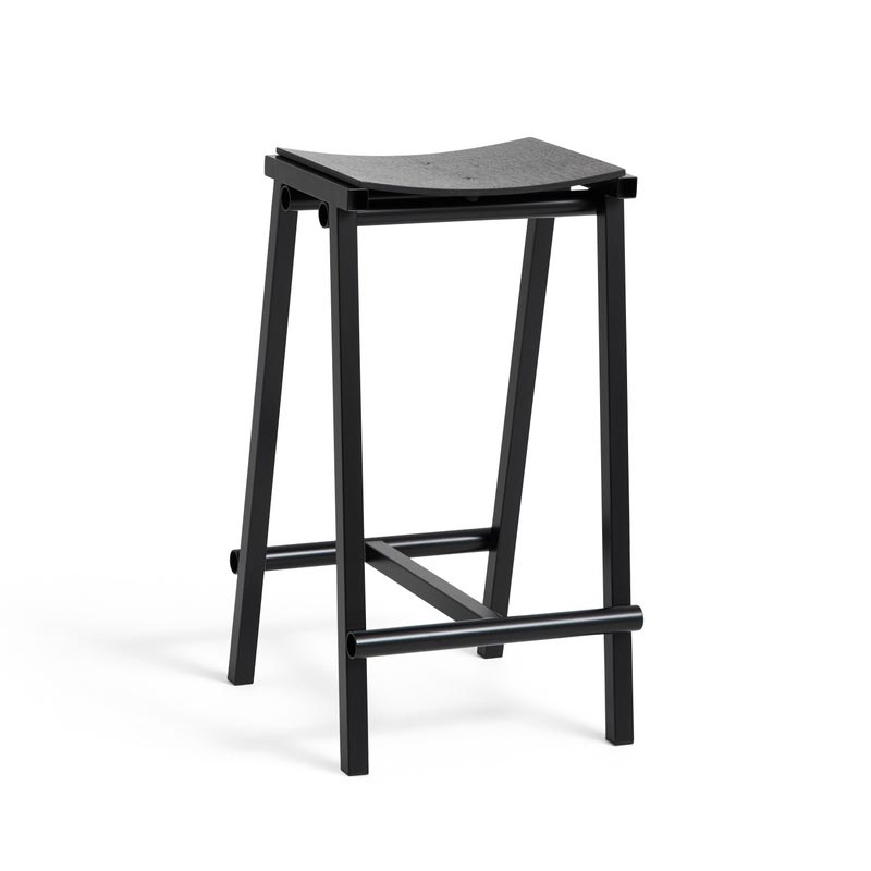 Taburete 8 Bar Stool - Low - Black Powder Coated Base / Black Lacquered Oak Veneer Seat, des. Marc Morro for HAY
